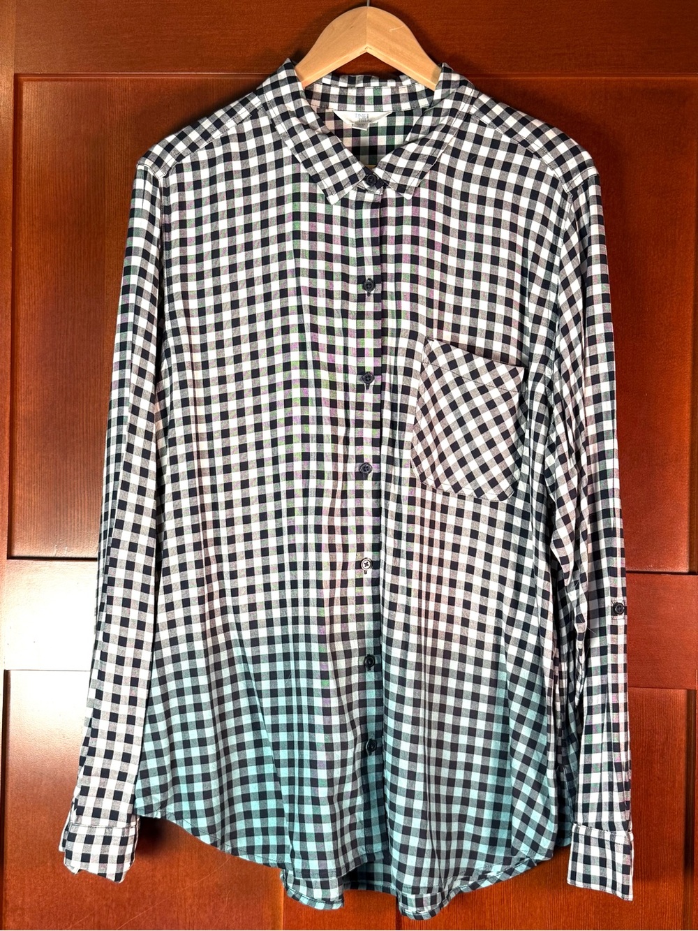 Time and Tru XXXL 22 Navy White Gingham Button Down Shirt Roll Tab Sleeves